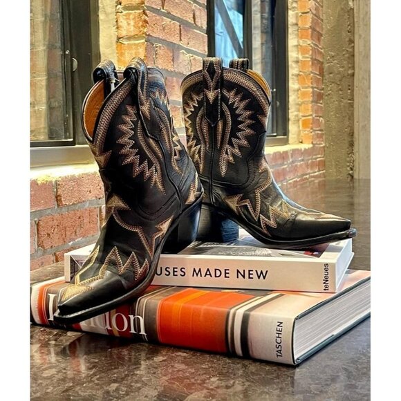 Women Metallic Embroidered Pointed Toe Cowgirl Boots Chunky Heel Pull-On Black - Picture 5 of 6